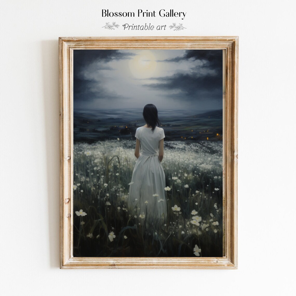 Woman In White Dress Under Full Moon Night Wildflower Meadow Art Poster - Image 6