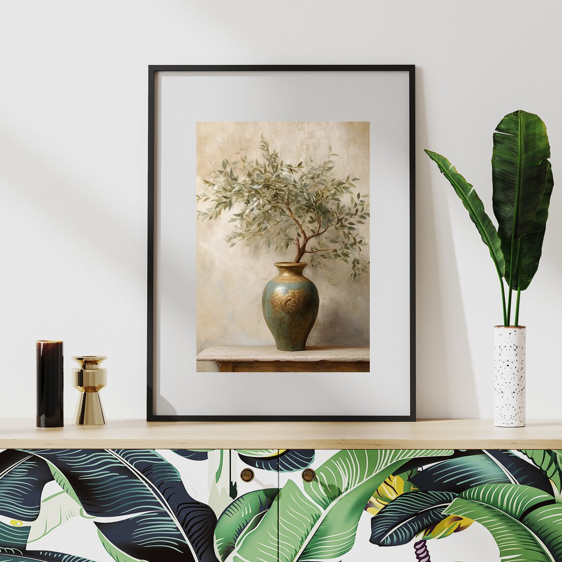 Olive Branch Antique Vase Neutral Still Life Botanical Poster - Image 2