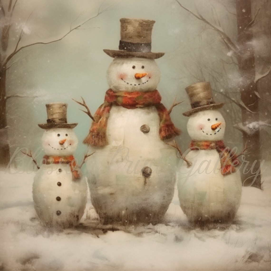 Vintage Snowman Family Three Snowmen With Top Hats Winter Scene Poster - Image 3