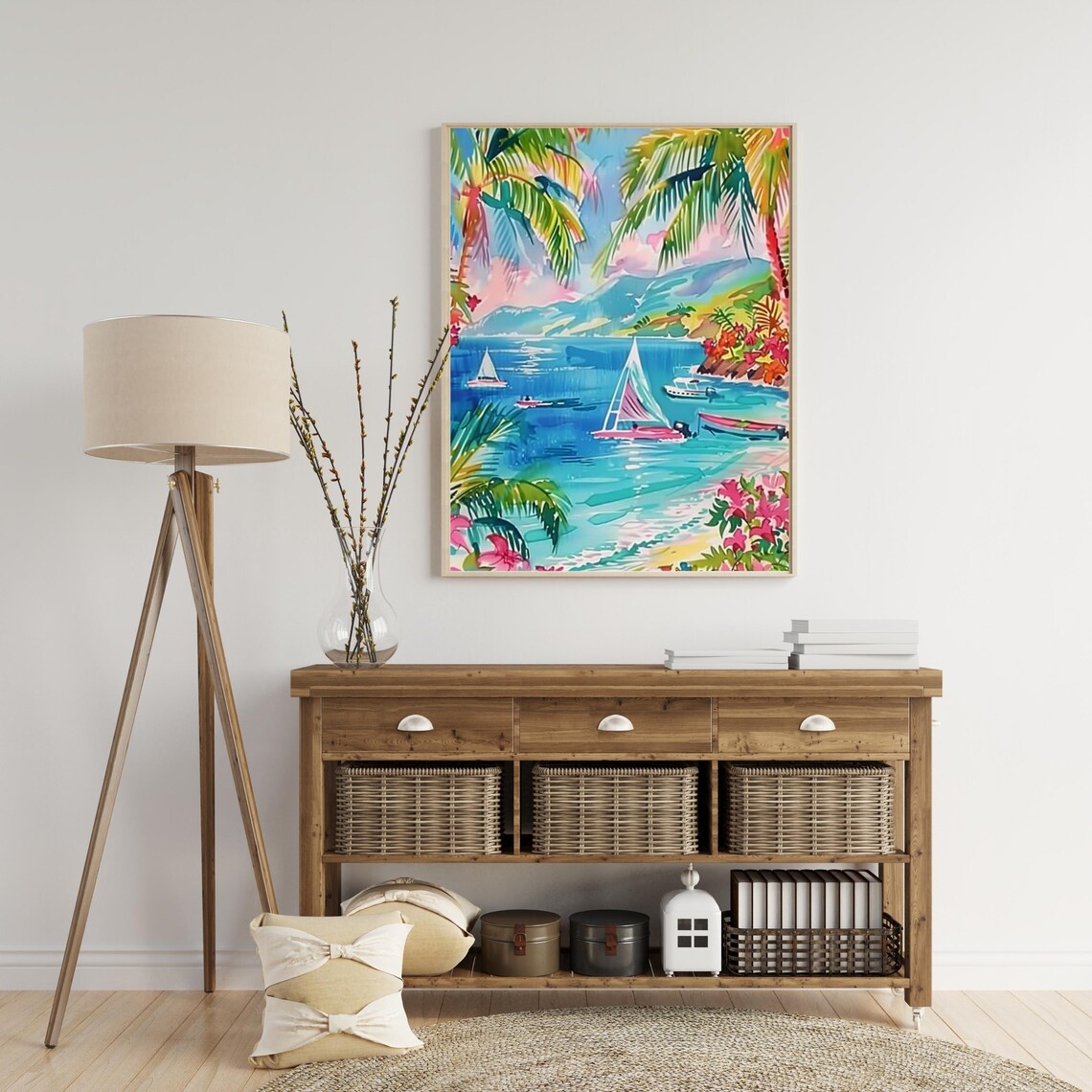 Tropical Beach Palm Trees Sailboats Bright Watercolor Poster - Image 4