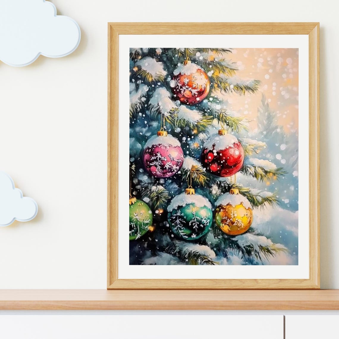 Snowy Christmas Tree Branch Colorful Bauble Winter Art Poster - Image 2