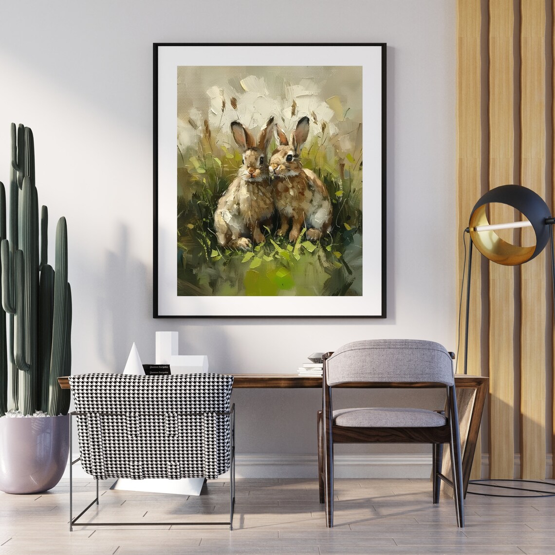 Two Wild Rabbits In Summer Meadow Vintage Oil Painting Poster - Image 3
