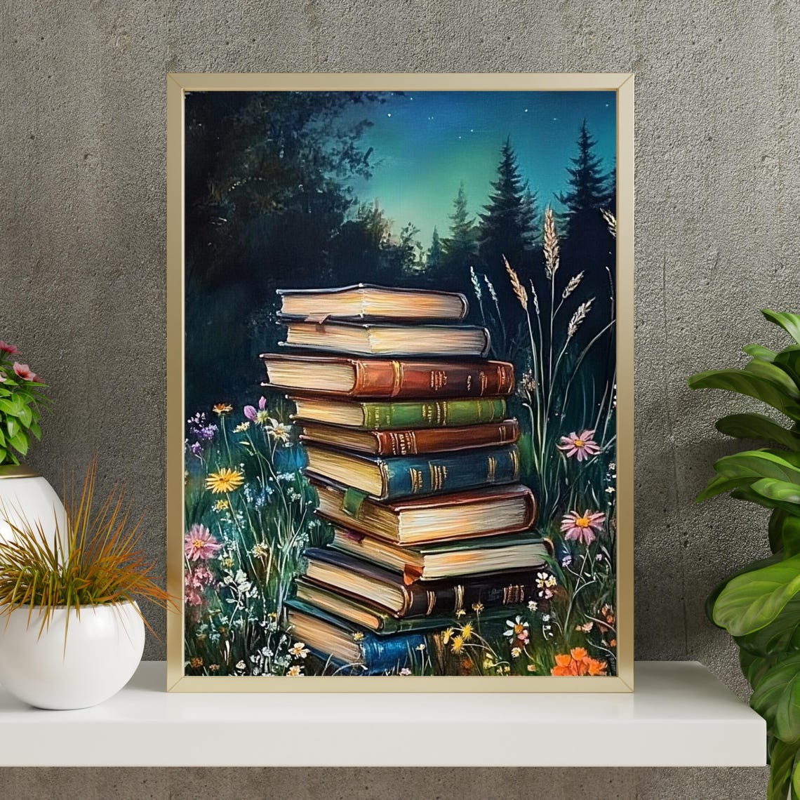 Stack of Old Books in a Moonlit Meadow Enchanted Night Poster - Image 2
