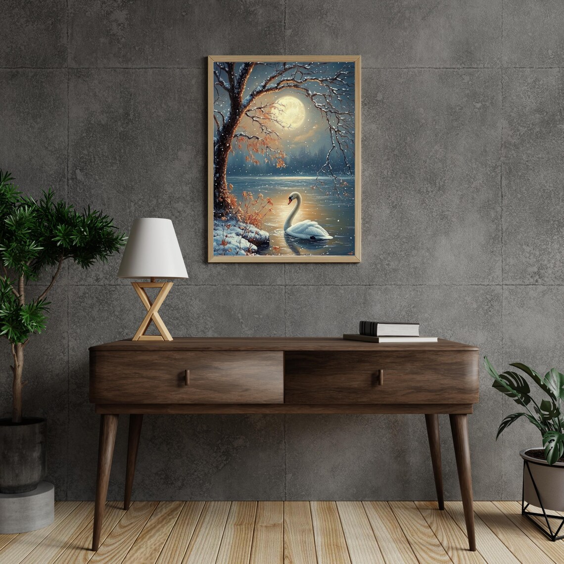 White Swan on Moonlit Winter Lake with Snowy Branches Night Painting Poster - Image 3