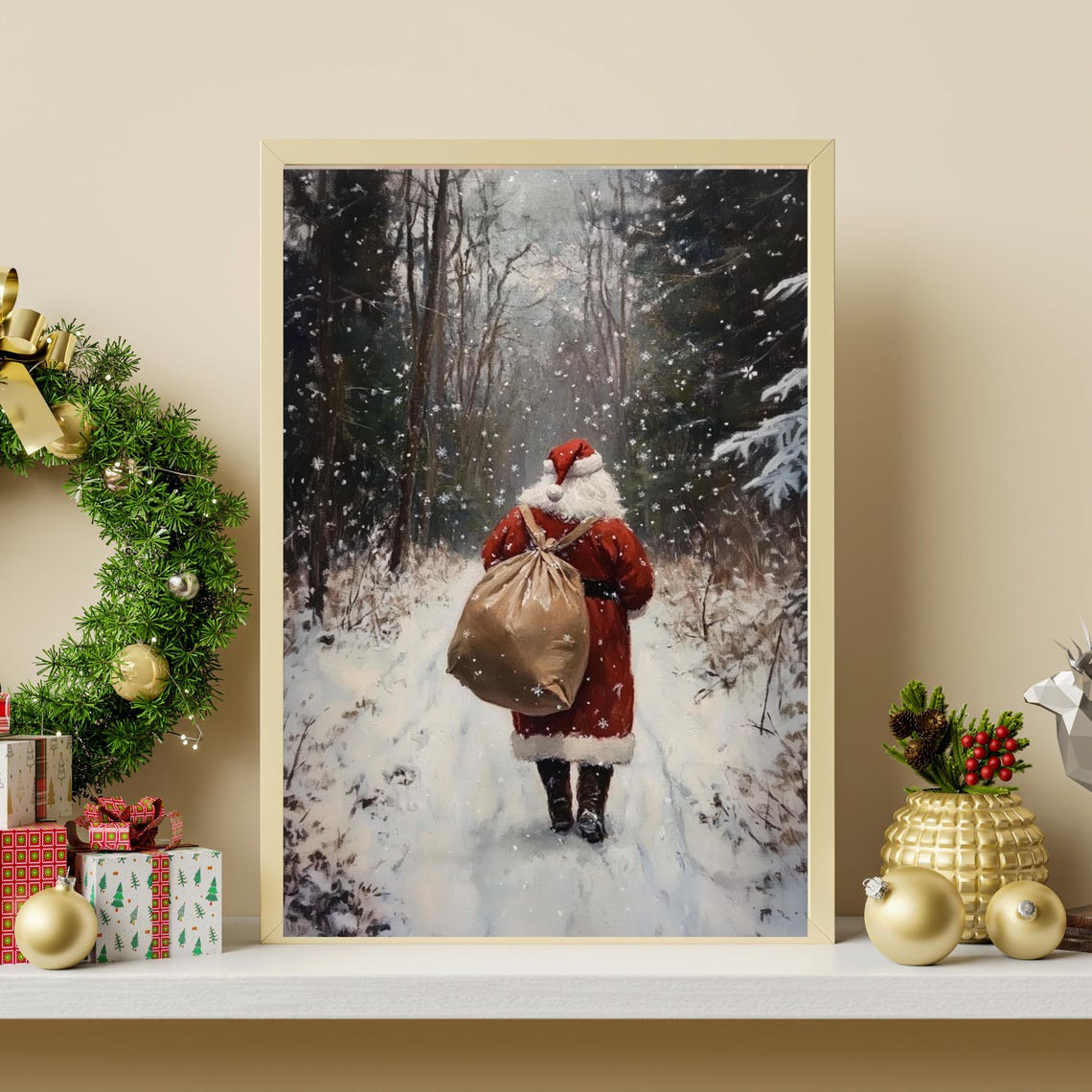 Santa Claus In Winter Forest Print Christmas Home Decor Vintage Christmas Snowy Landscape Art Vintage Santa Oil Painting 768 - Image 2