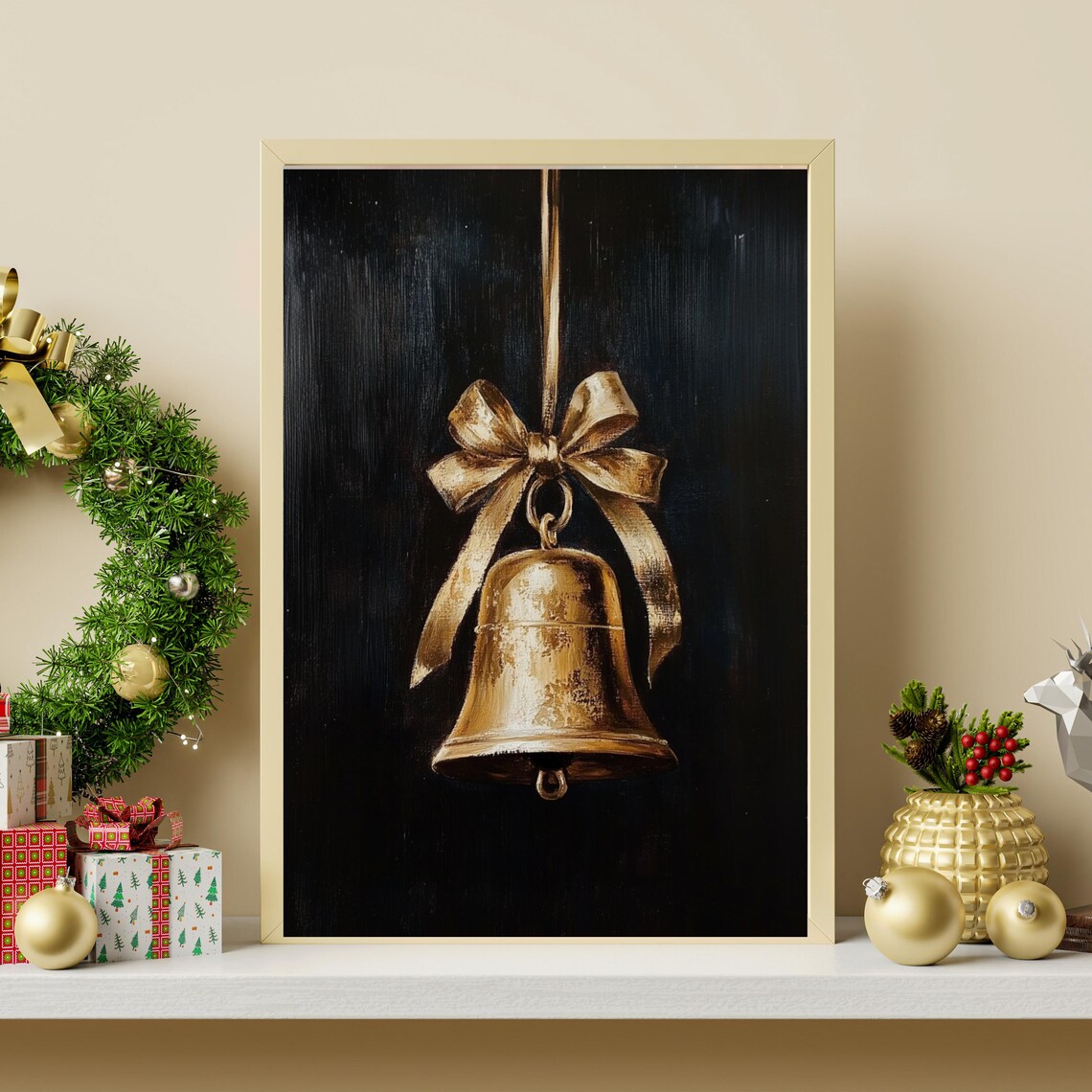 Vintage Christmas Bell Moody Christmas Print Winter Oil Painting Holiday Wall Art Moody Christmas Decor Dark Festive 766 - Image 2