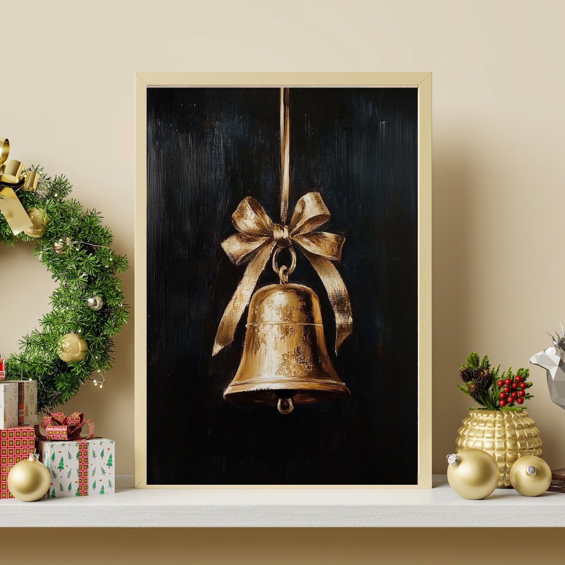 Vintage Golden Christmas Bell With Bow Dark Holiday Still Life Poster - Image 2