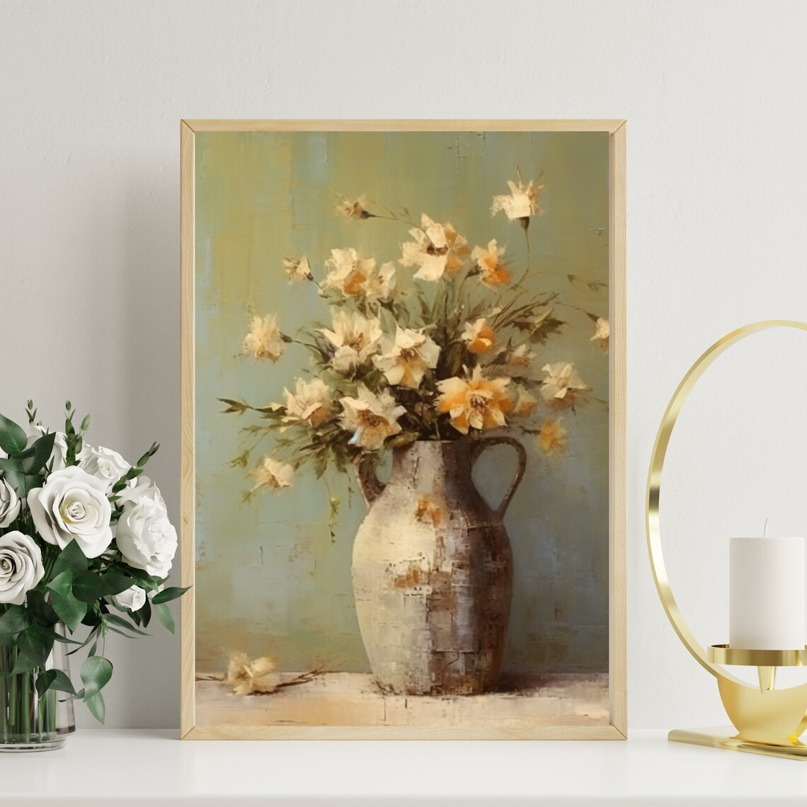 Antique Summer Flowers Still Life Oil Painting Country Kitchen Wall Art Neutral Vintage Print Farmhouse Decor Wild Flower 582 - Image 2