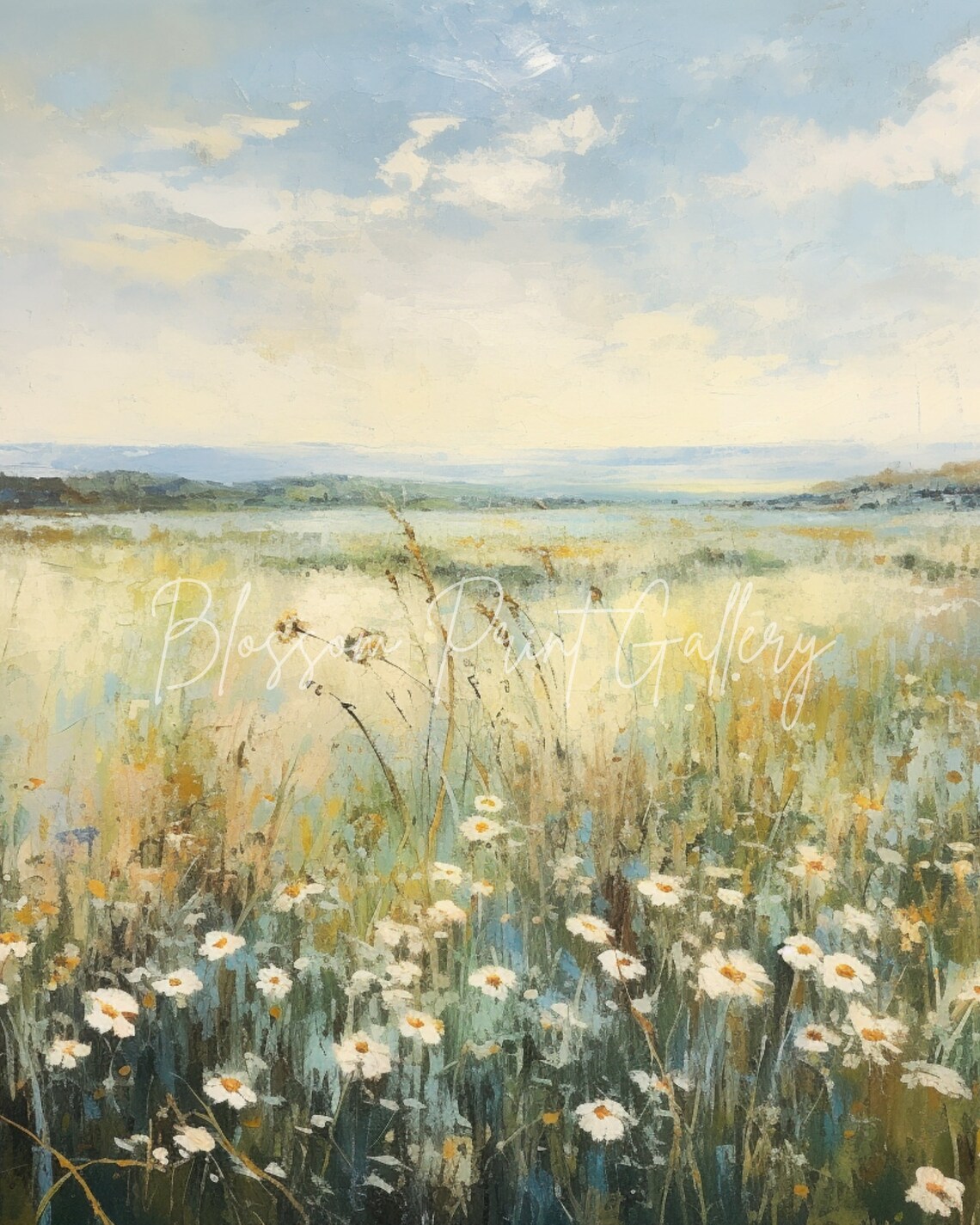 White Daisy Wildflower Field Soft Pastel Impressionist Meadow Scenery Poster - Image 2