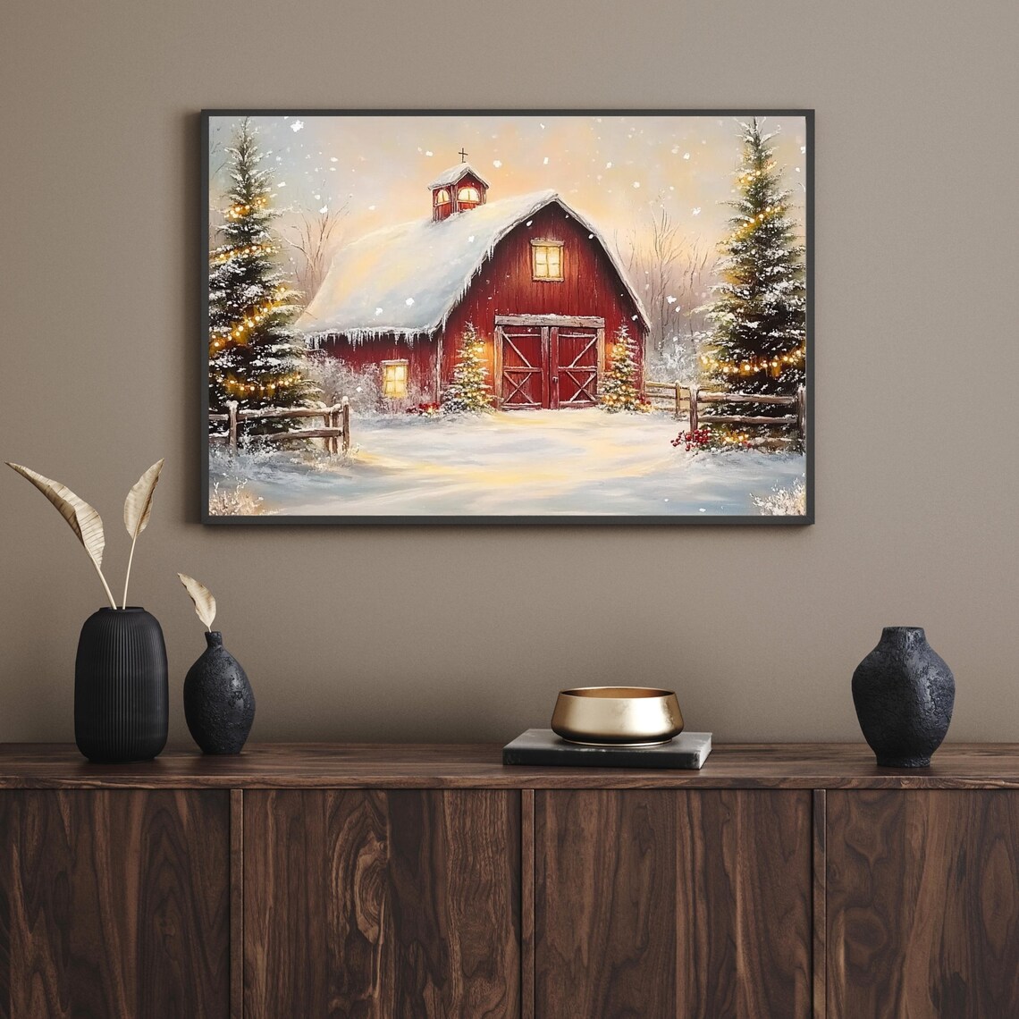 Snowy Red Barn Glowing Christmas Lights Winter Farm Art Poster - Image 5