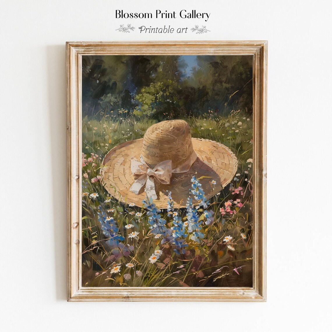 Straw Hat Resting in Summer Wildflower Meadow Vintage Oil Painting Poster