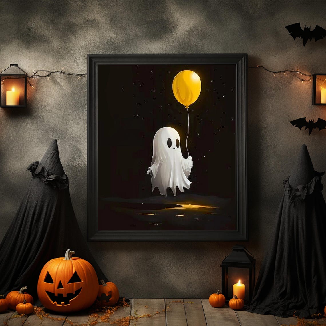 Little Ghost Holding Yellow Balloon Starry Night Halloween Poster - Image 5