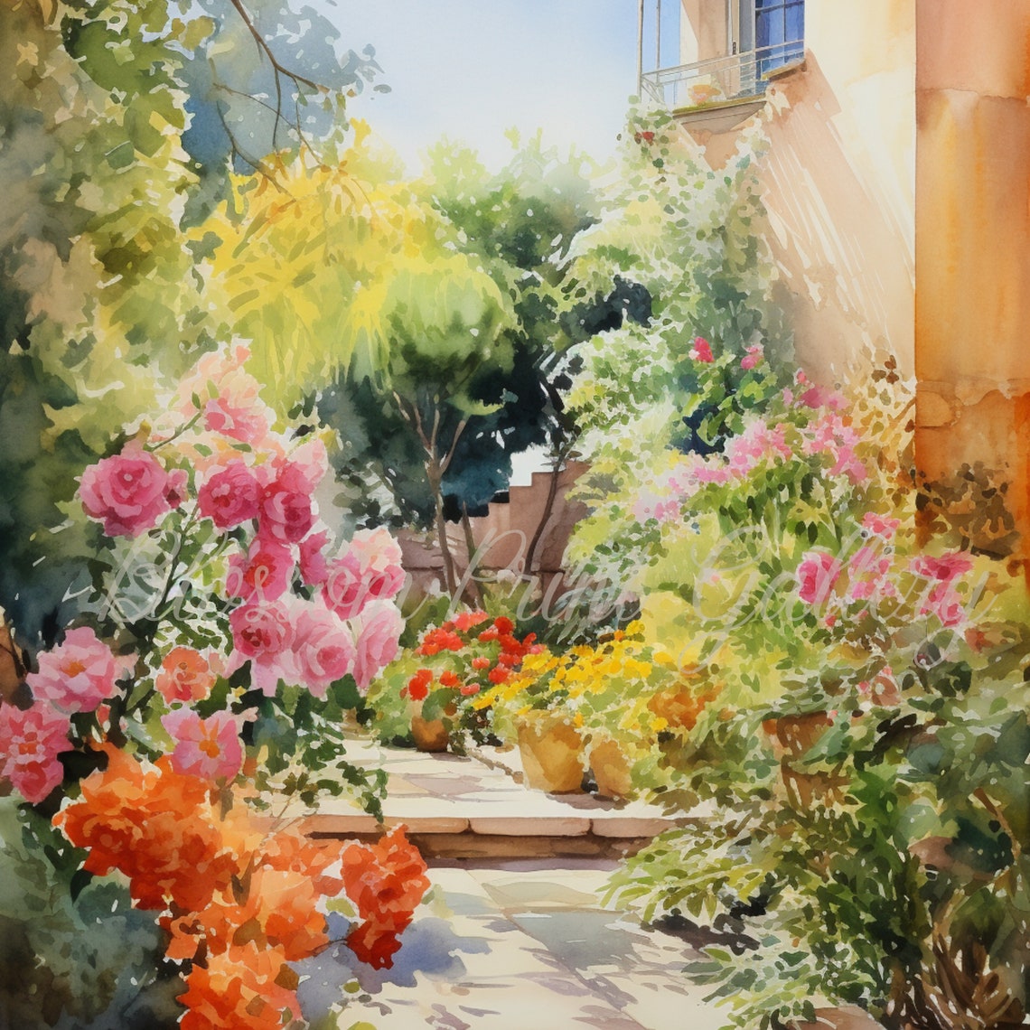 Mediterranean Watercolor Rose Garden Path Sunny Villa Landscape Poster - Image 3