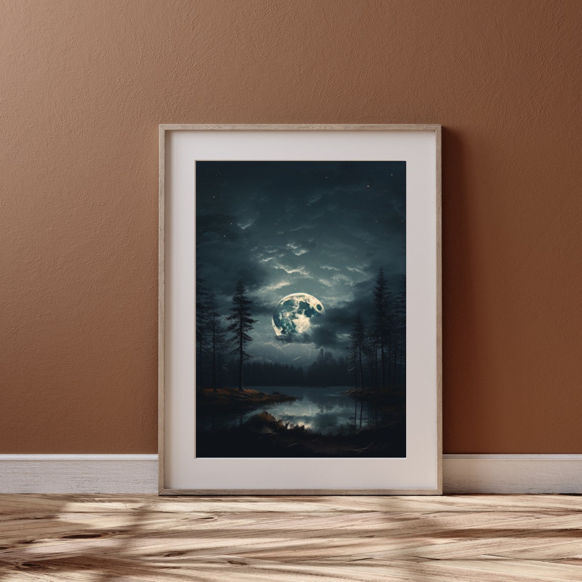 Full Moon Night Sky Forest Lake Moody Celestial Dark Landscape Poster - Image 3