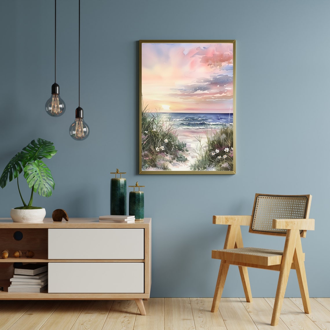 Pink Sunset Beach Path Watercolor Seascape Ocean Waves Poster - Image 3