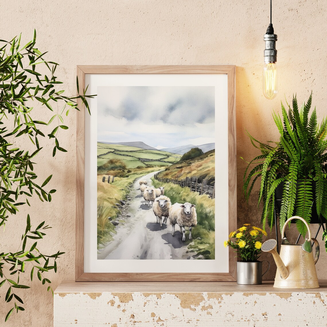 Flock of Sheep on Country Lane Green Hills Watercolor Painting Poster - Image 5