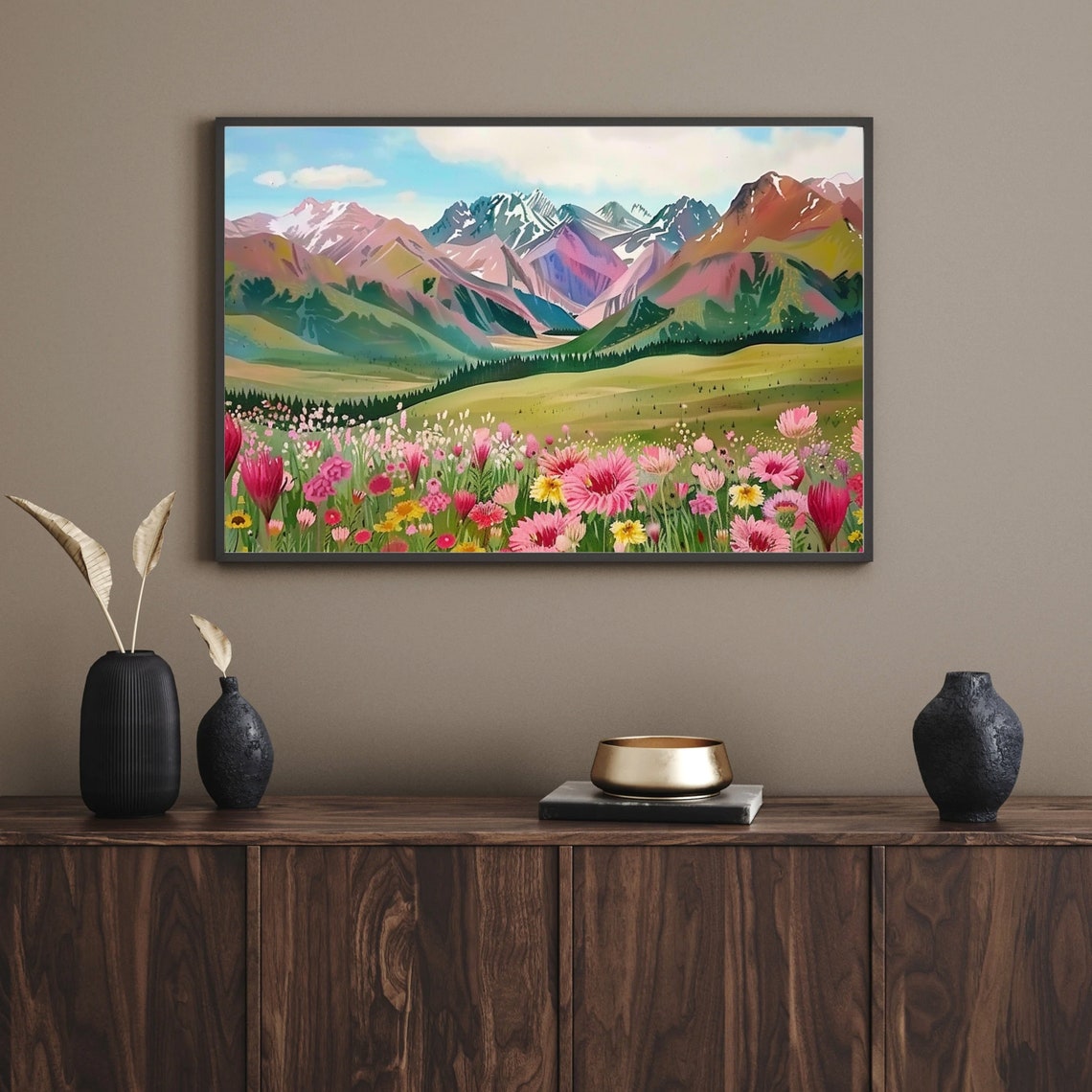 Pink Wildflower Meadow Beneath Snowcapped Peaks Landscape Poster - Image 5