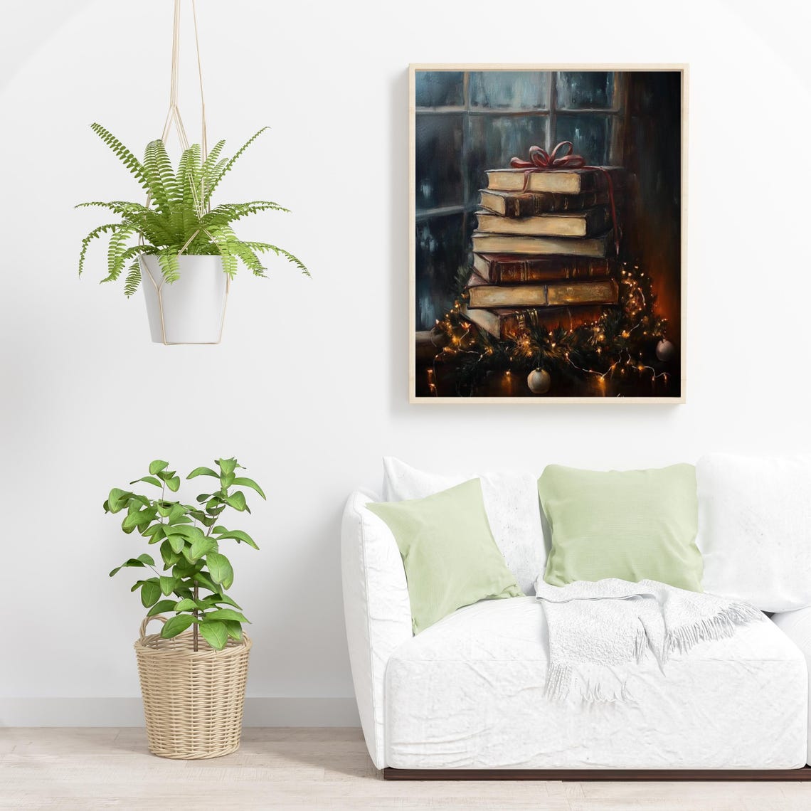 Stack Vintage Books Red Ribbon Fairy Lights Christmas Art Poster - Image 5