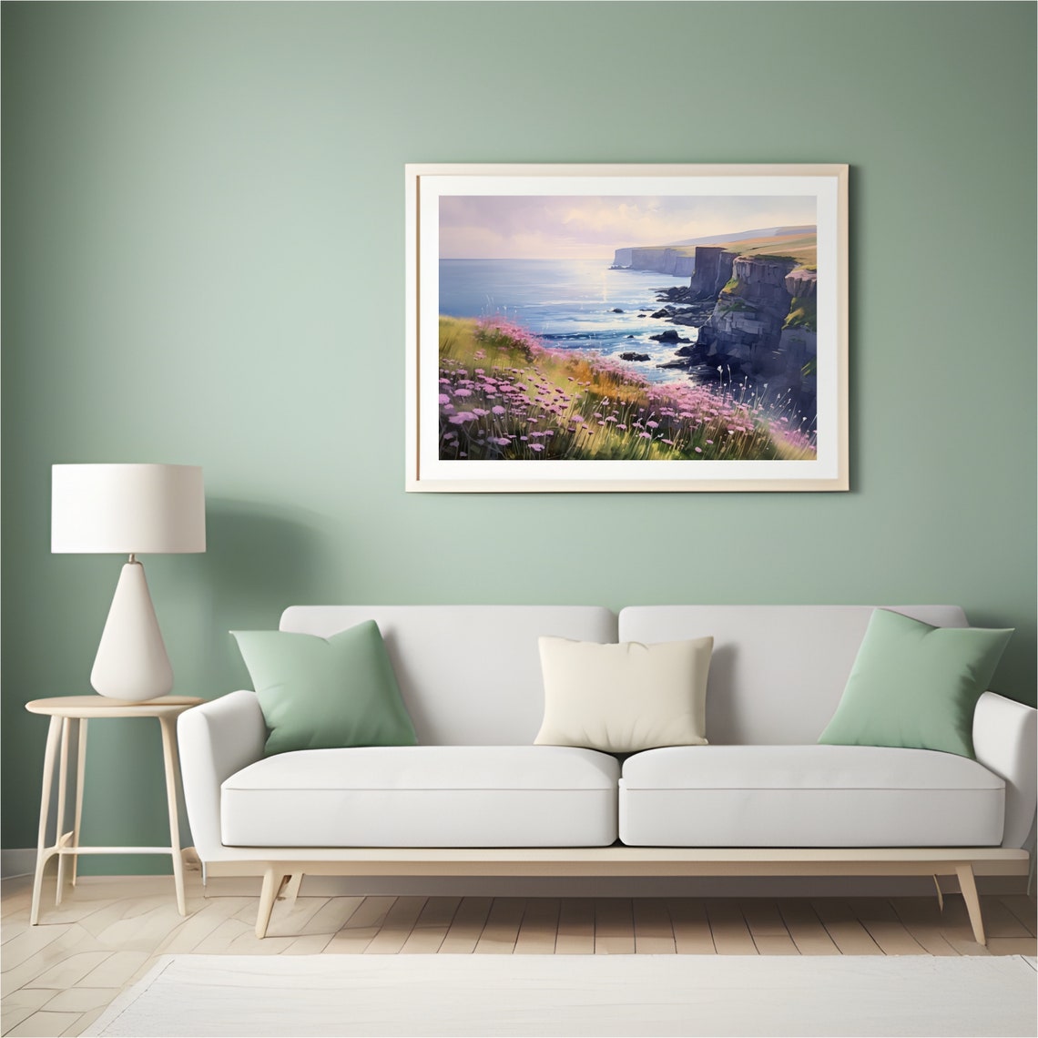 Sea Cliffs Pink Wildflowers Ocean Sunset Coastal Landscape Poster - Image 3
