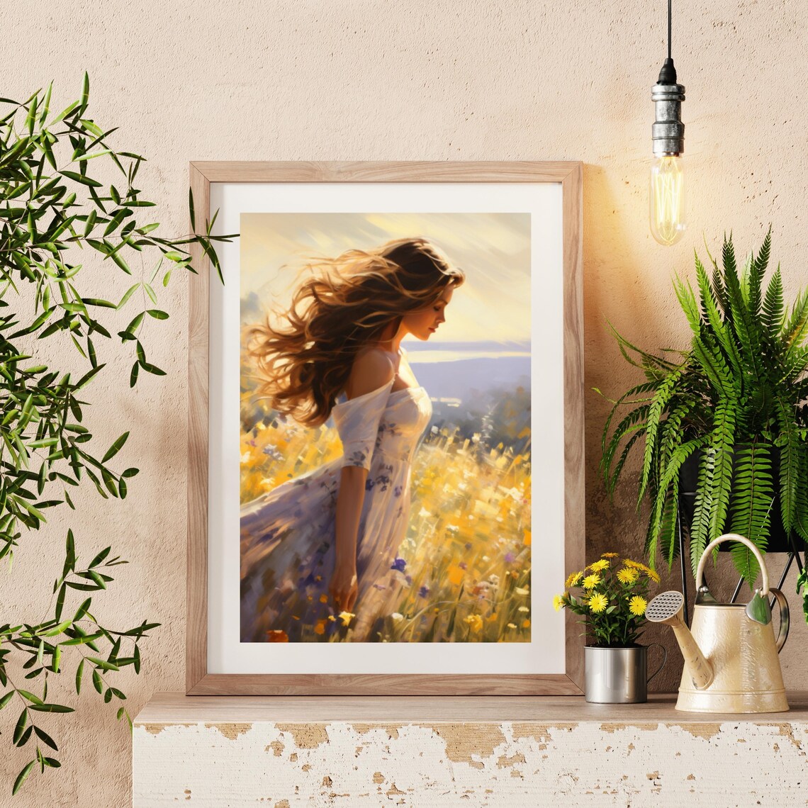 Woman Flowing Dress Golden Wildflower Meadow Sunset Painting Poster - Image 2