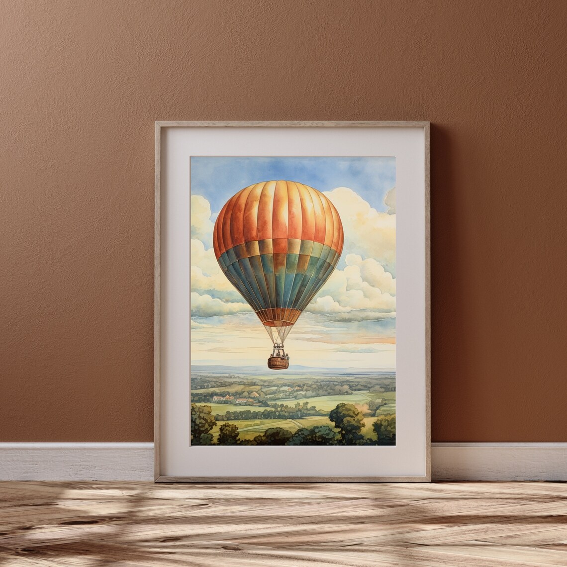 Vintage Hot Air Balloon Floating Over Countryside Painting Poster - Image 2