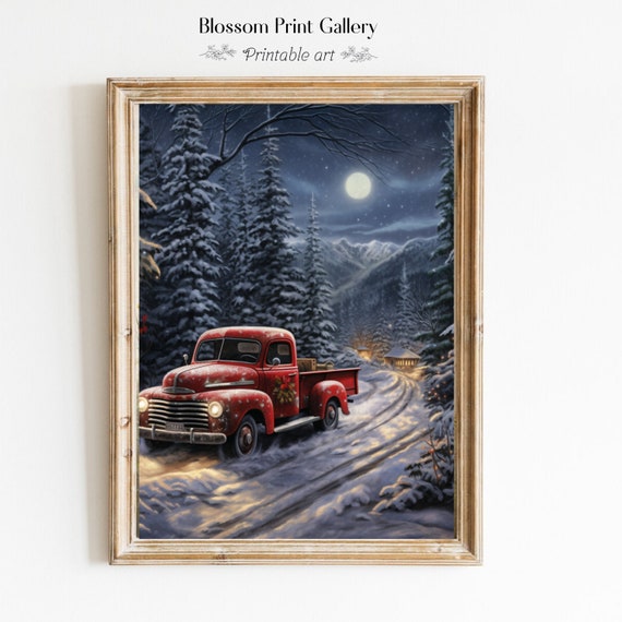 Vintage Truck Snowy Winter Landscape Oil Painting Christmas Wall Art Moody Rustic Night Forest Decor Holiday 222