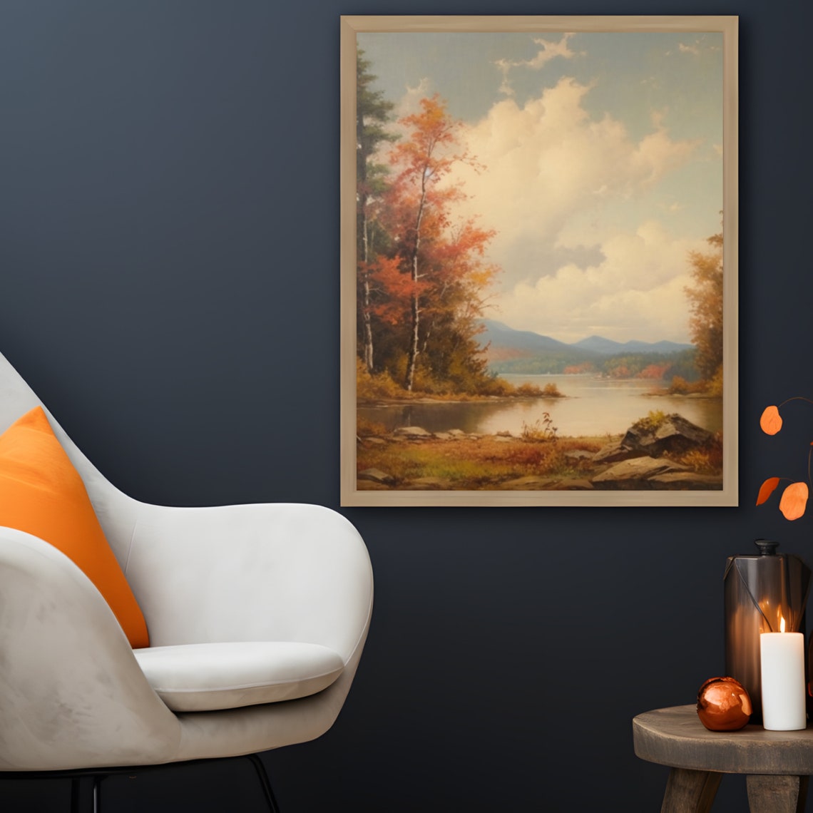 Serene Autumn Lake with Mountains and Clouds Painting Poster - Image 3