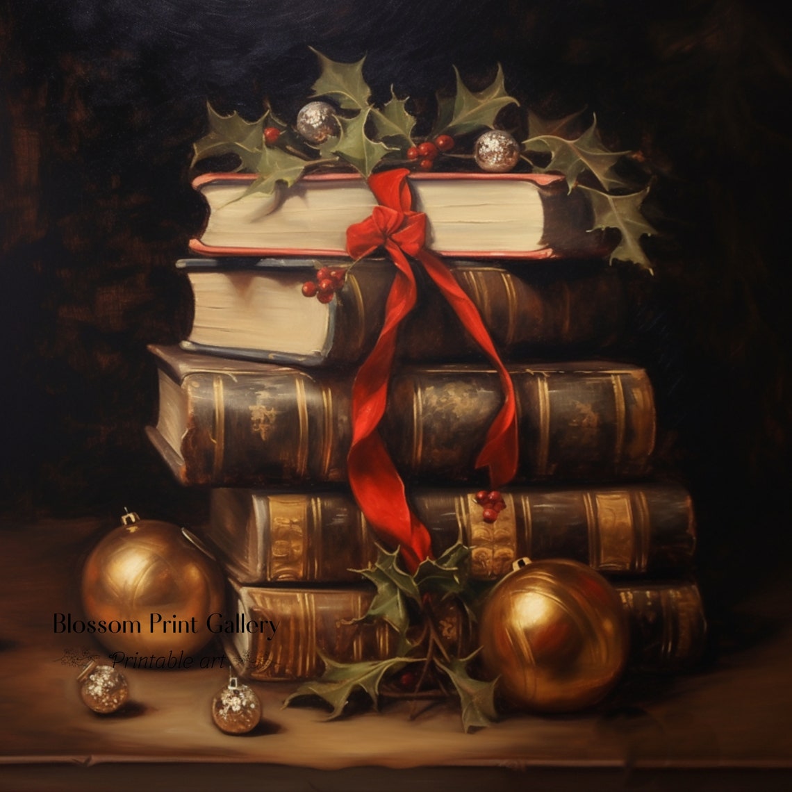 Moody Christmas Book Stack With Red Ribbon Holly Gold Baubles Poster - Image 3