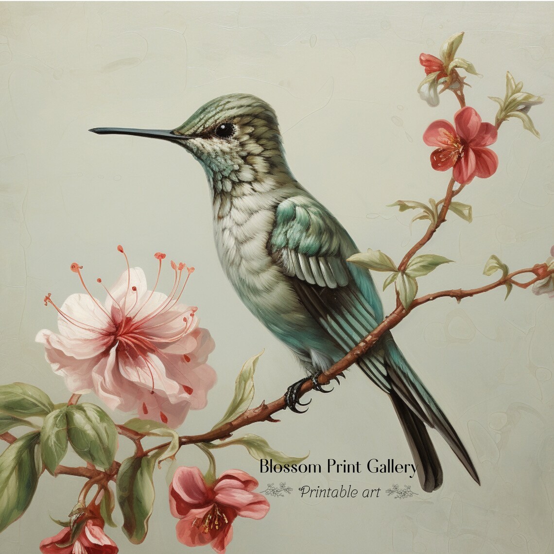 Green Hummingbird Perched on a Blossom Branch Vintage Bird Wall Art - Image 2