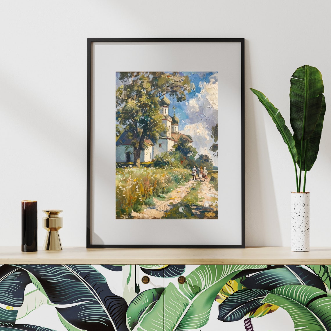 Vintage White Church Print Antique Landscape Oil Painting Farmhouse Decor Living Room Wall Art Country Scenery 526 - Image 3