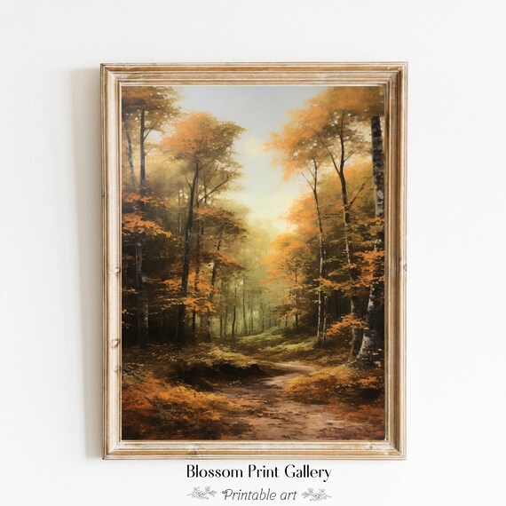 Golden Autumn Forest Path in a Moody Fall Woodland Scene Wall Art