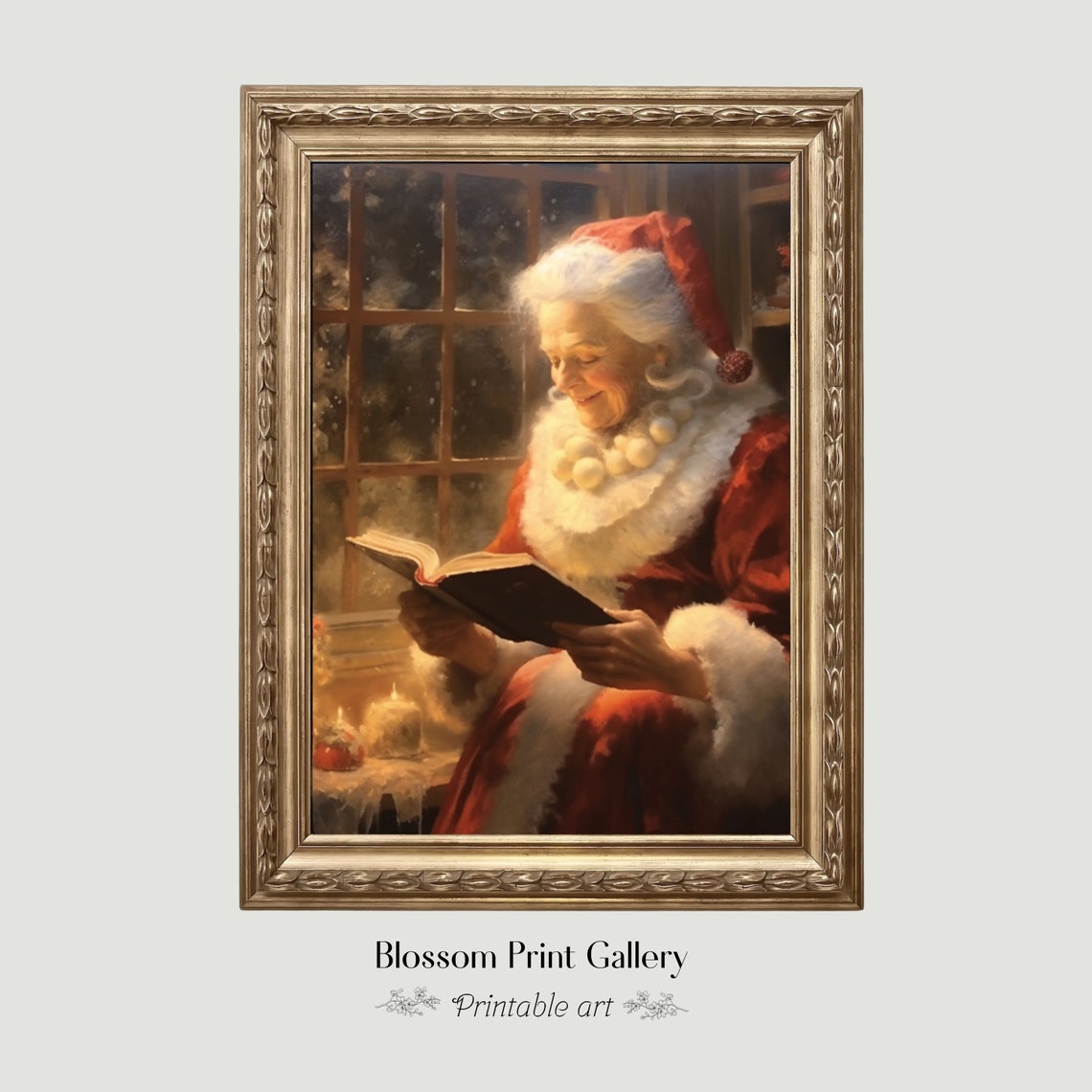 Mrs Claus Reading Book Candlelit Christmas Window Painting Poster - Image 5