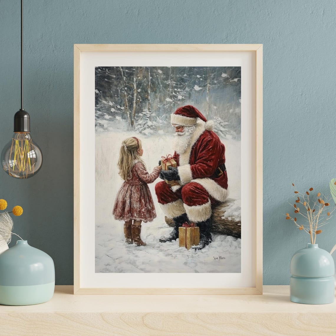 Vintage Santa Claus Christmas Wall Art Santa And Little Girl In Forest Painting Rustic Winter Art Christmas Holiday Poster 808 - Image 3