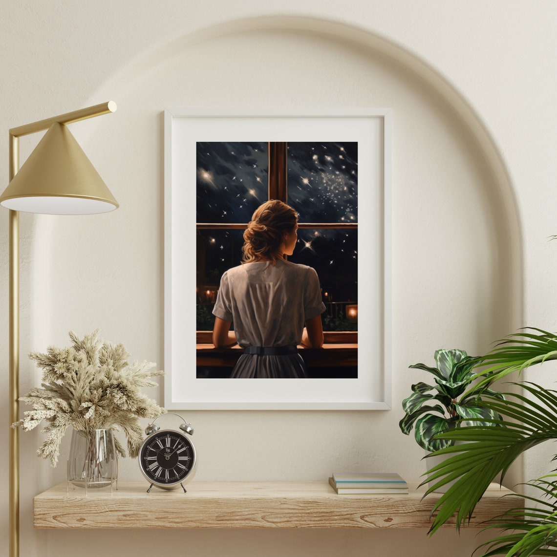 Woman Gazing Through Window At Starry Night Sky Moody Poster - Image 5