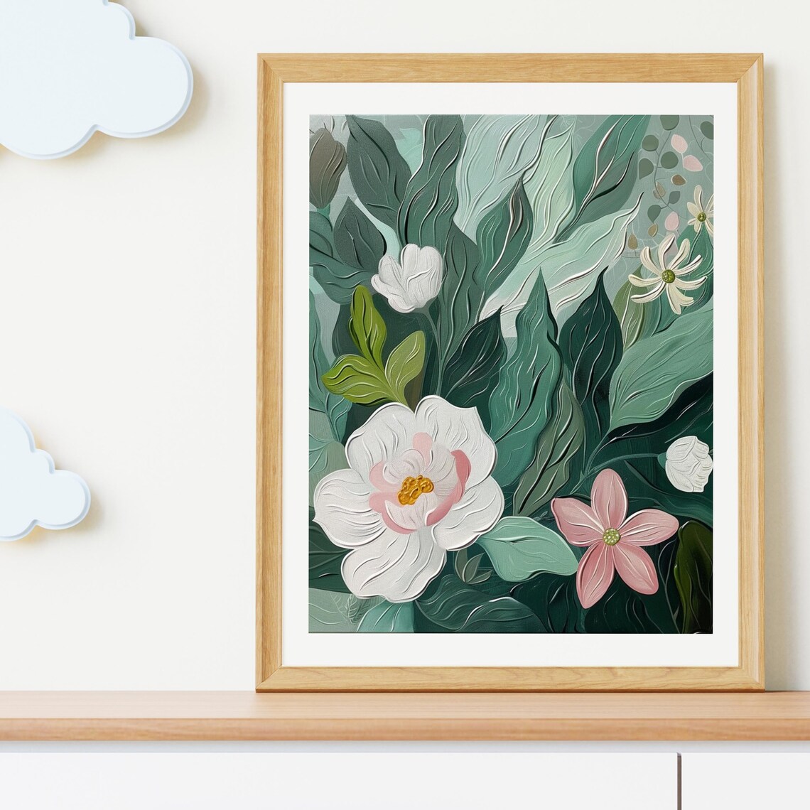 Sage Green Botanical with White Magnolias Oil Painting Poster - Image 2