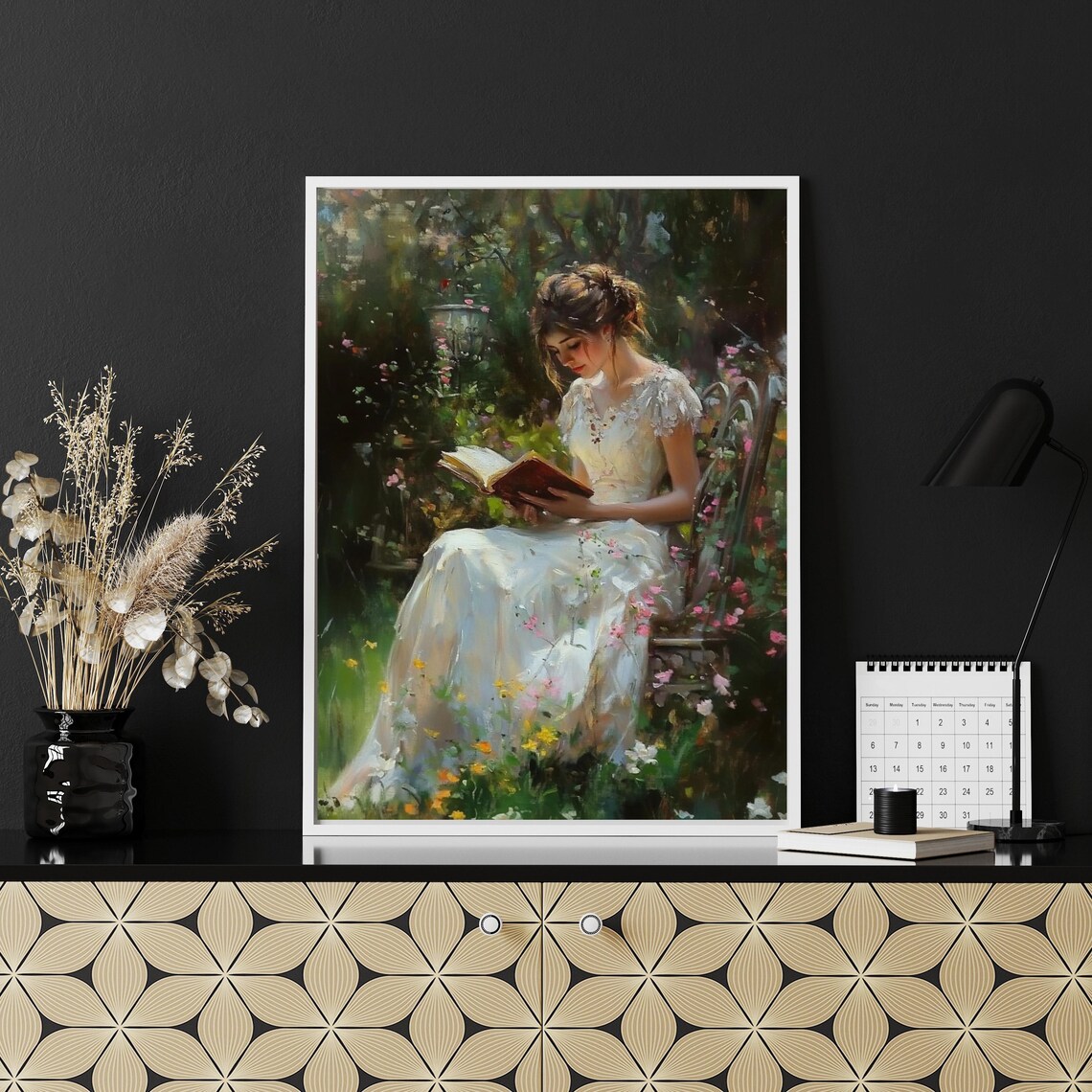 Woman Reading Garden White Dress Impressionist Painting Poster - Image 5