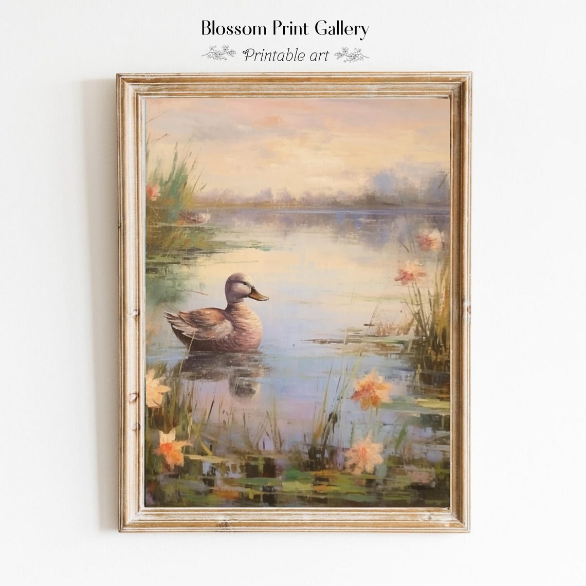 Duck Swimming Calm Lake Lily Pads Dawn Rustic Bird Art Poster
