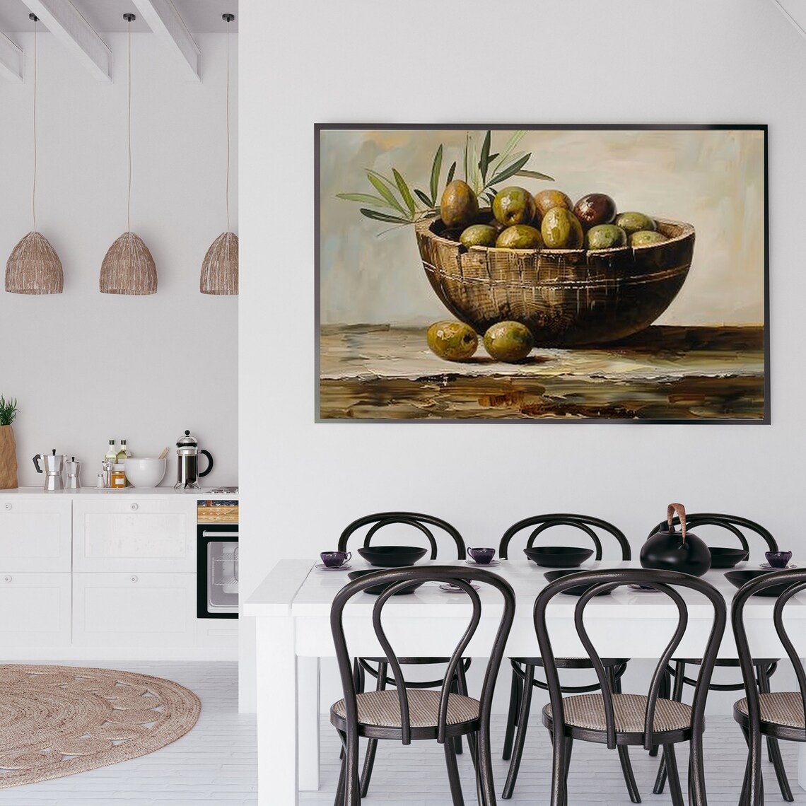 Rustic Wooden Bowl Of Green Olives With Olive Branches Print - Image 3