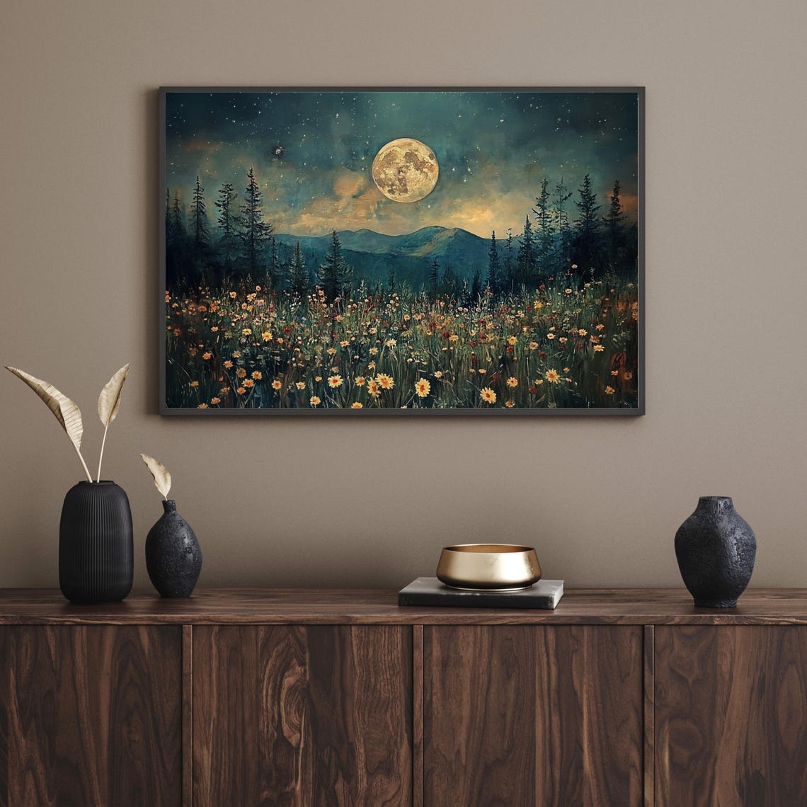 Midnight Meadow Full Moon Starry Night Sky Wildflower Scenery Poster - Image 5