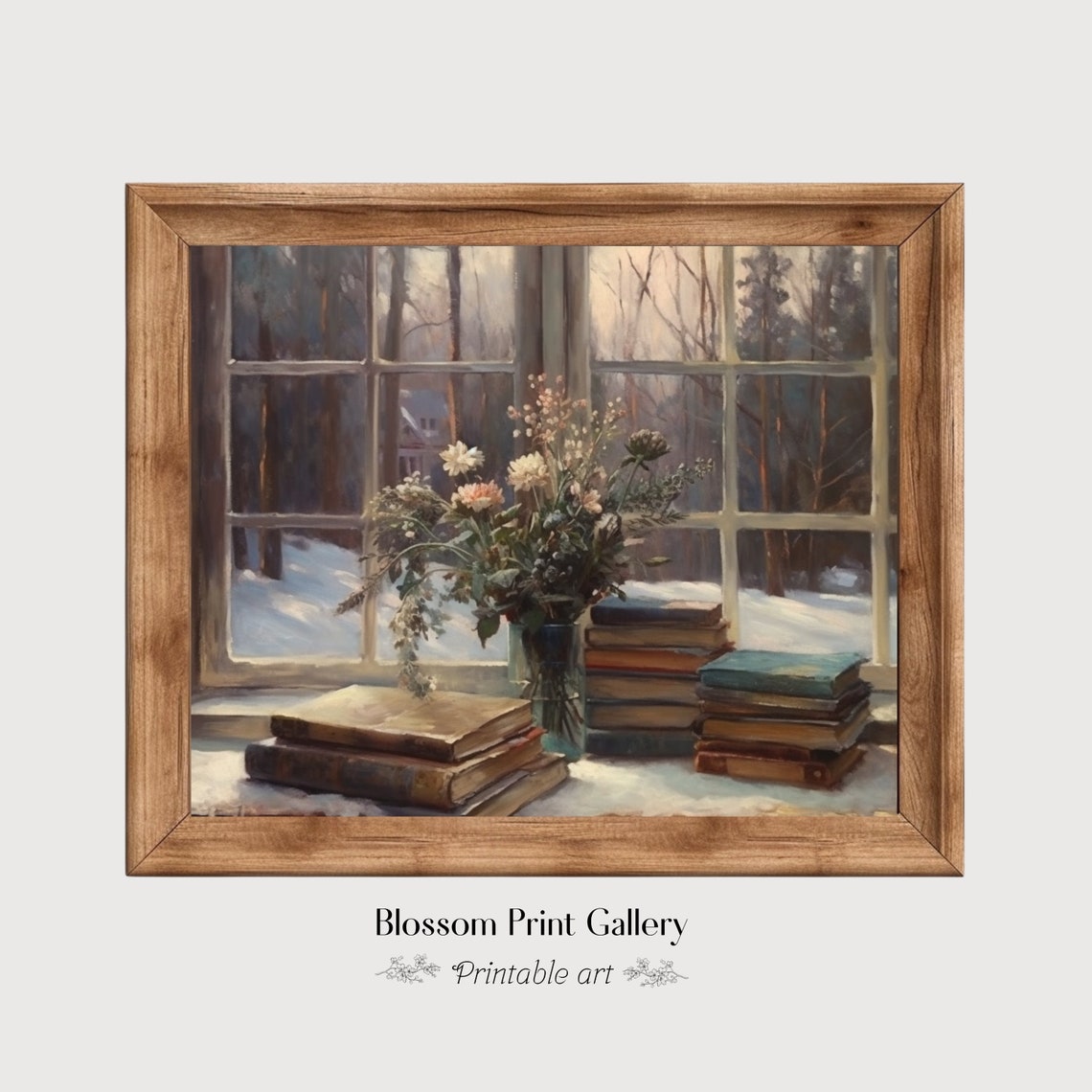 Winter Window Scene with Books and Flowers Cozy Still Life Poster