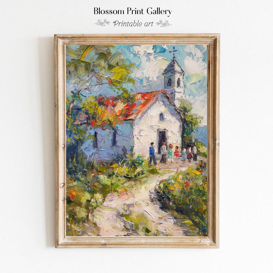 Village Church with Red Roof Impasto Style Spring Painting Poster