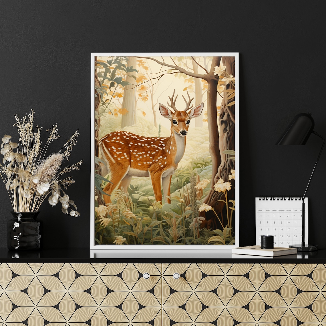 Young Spotted Deer in Golden Forest Wildlife Painting Nursery Poster - Image 5