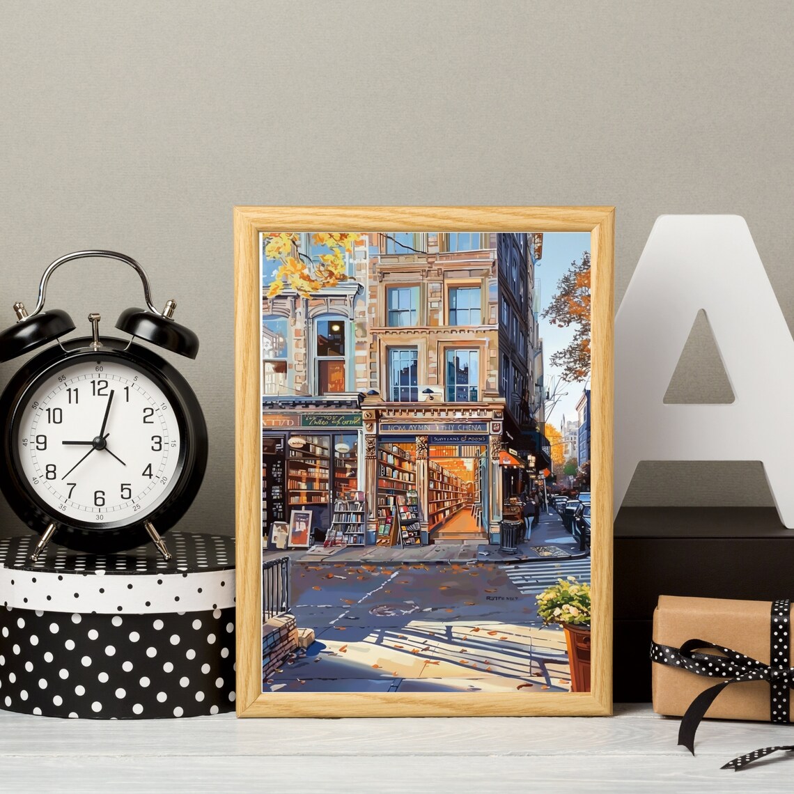 Autumn Bookstore Street Fall Leaves Historic City Painting Poster - Image 5