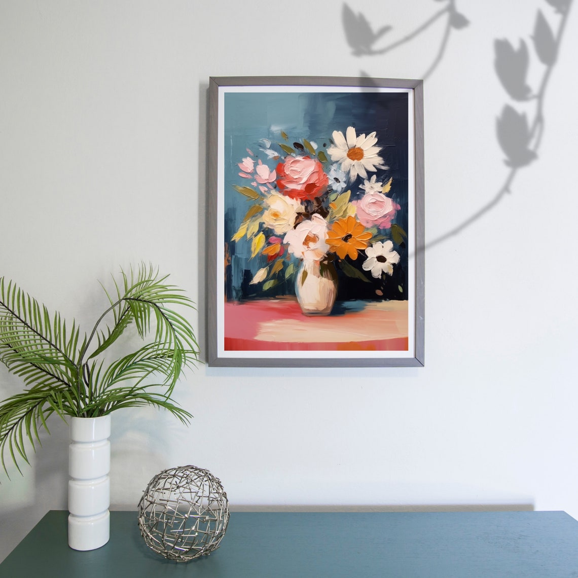 Impasto Flower Bouquet Vase Navy Background Textured Floral Poster - Image 4
