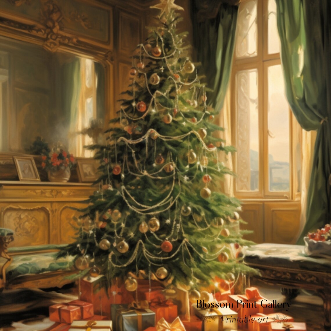 Victorian Christmas Tree in Elegant Parlor Vintage Oil Painting Poster - Image 3