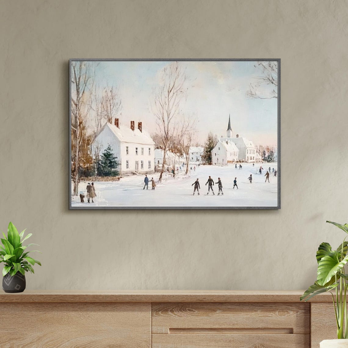 Snowy Village Church Ice Skaters On Frozen Pond Winter Scene Poster - Image 2