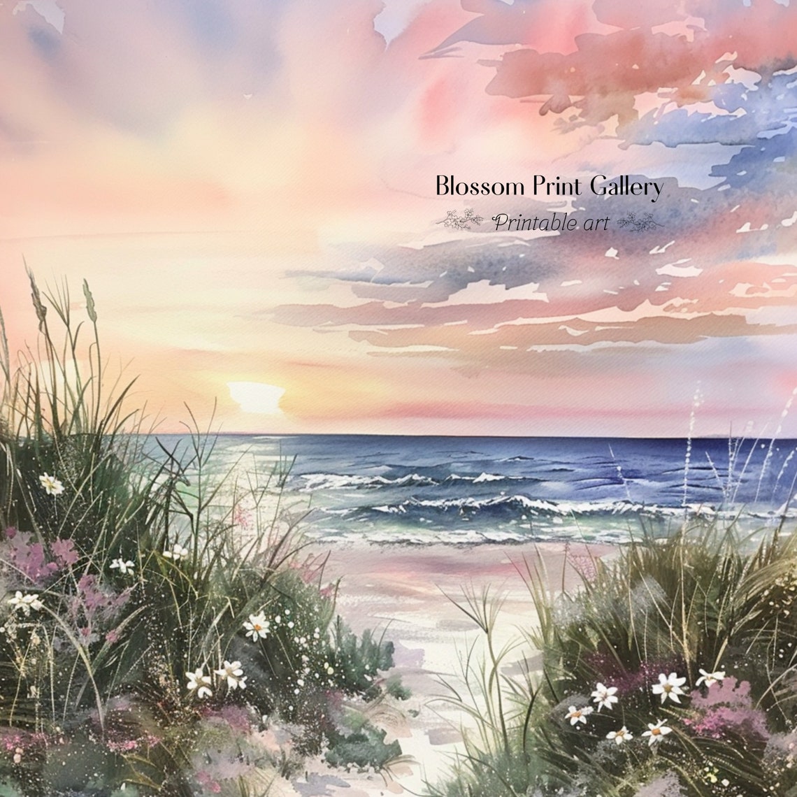 Pink Sunset Beach Path Watercolor Seascape Ocean Waves Poster - Image 2