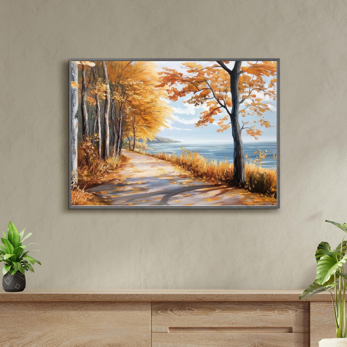 Autumn Path Along Blue Lake Orange Trees Fall Foliage Landscape Poster - Image 2