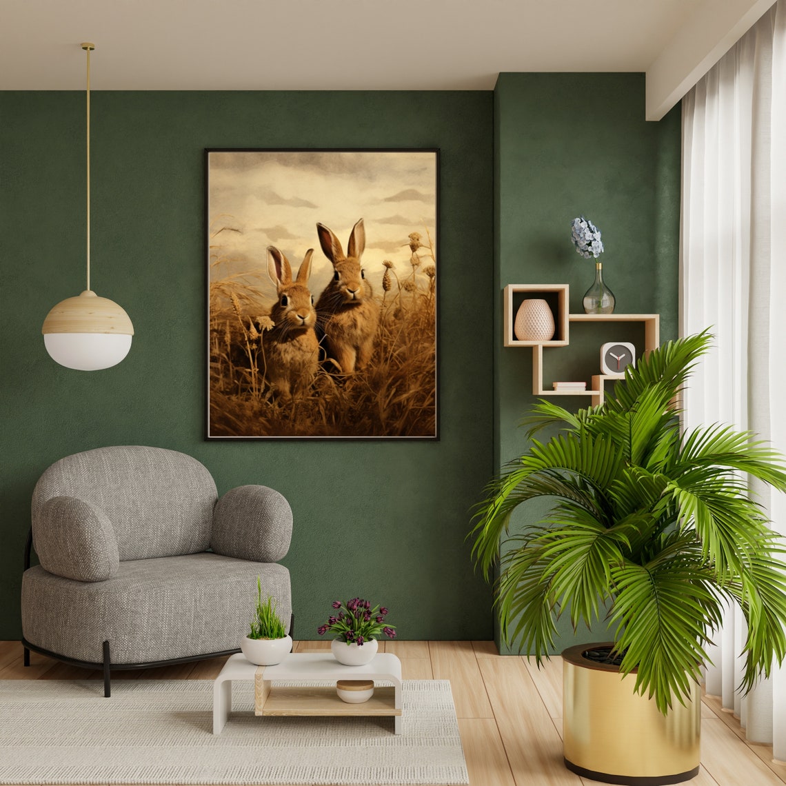 Two Brown Rabbits Golden Meadow Vintage Wildlife Painting Poster - Image 4