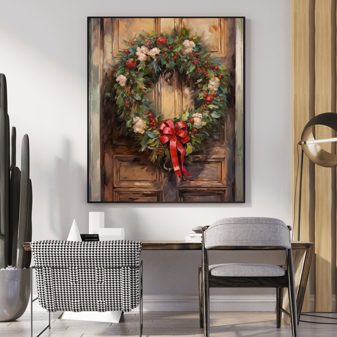Christmas Wreath On Rustic Wooden Door With Red Bow Painting Poster - Image 4